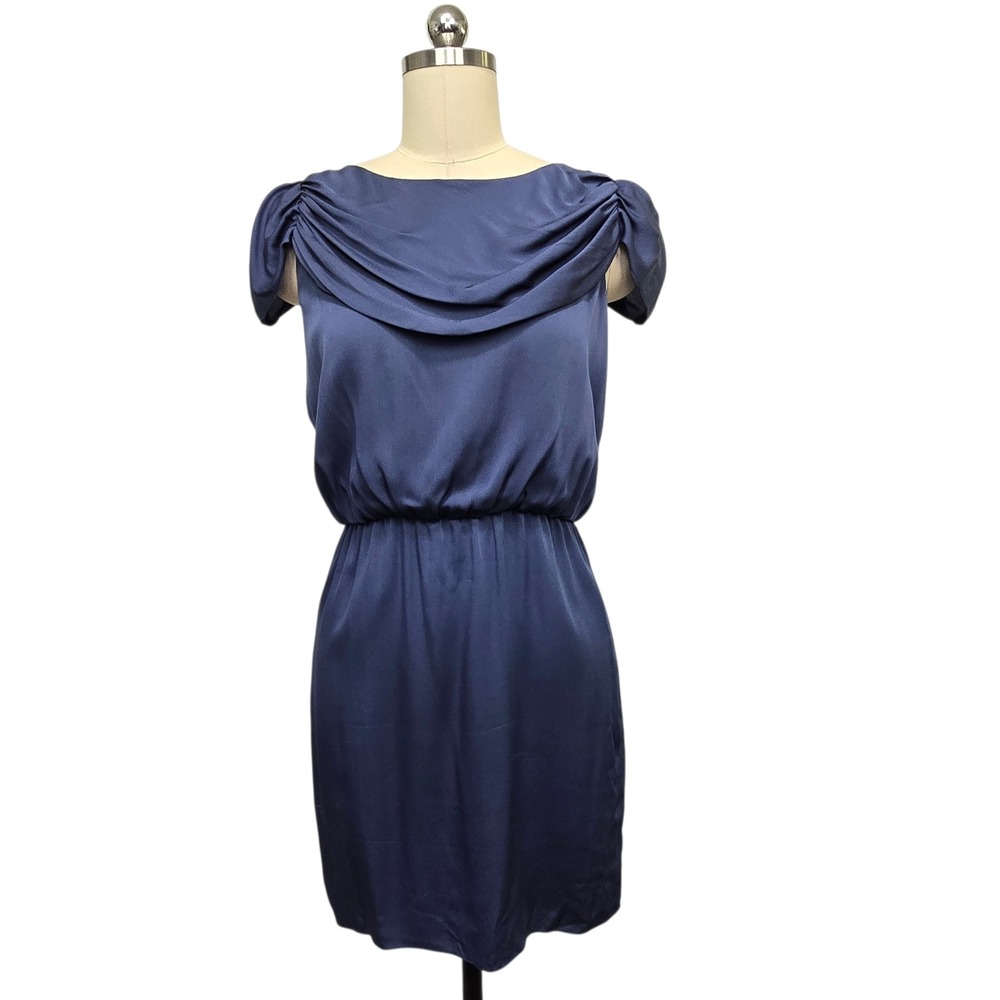 Alice + Olivia Navy Blue Silk Draped Cowl Neck Cocktail Dress Size Small